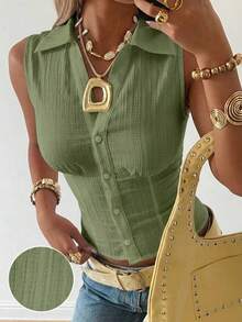 Camisa sin mangas tejida de color marrón chocolate para mujer - Verde militar - Ver 1