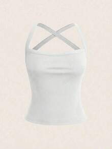 deportivo casual de unicolor, sexy, con espalda descubierta y tirantes cruzados, adecuado para el verano - Blanco - Ver 5
