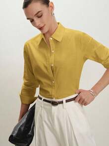 2026 Nueva Camisa Básica Versátil y Elegante para Mujer con Botones Delanteros y Cuello Mao en Color Azul Claro, Adecuada para Ir al Trabajo, Uso Diario, Estilo Retro de los 90, Navidad, Año Nuevo, Fiesta de San Valentín, Playa, Graduación, Moda, - Amarillo - Ver 3