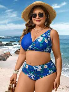 Conjunto de bikini con estampado tropical para la playa de verano en tallas grandes - Azul - Ver 3