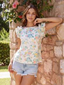 Camisa casual versátil de uso diario con estampado floral y pliegues para mujer - Multicolor - Ver 6