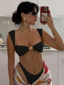 Nuevo conjunto de bikini de mujer sexy y casual con tirantes anchos y decoración de estrella de mar en color caqui, adecuado para la playa, vacaciones, fiestas y citas - Negro - Ver 6