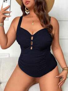 Traje de baño de una pieza con cuello cuadrado, fruncido y control de abdomen, de unicolor acanalado, de talla grande, minimalista para uso diario - Azul marino - Ver 5