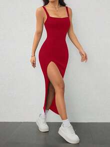 Vestido largo ajustado de mujer con abertura alta, de punto acanalado elástico y tirantes anchos, atuendo de vacaciones para mujer - Burdeos - Ver 1