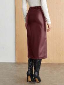Falda con abertura alta de PU para mujer, atuendo de oficina casual urbano para ir al trabajo, vestimenta formal elegante para mujer en otoño - Burdeos - Ver 2