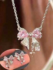 Bộ trang sức 3 món đính đá Zirconia hồng lấp lánh hình nơ tình yêu, mặt dây chuyền và bông tai, thiết kế thanh lịch tối giản, thích hợp cho ngày Valentine. - Đồ trang sức - Xem 1