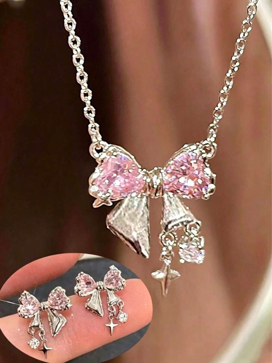 Bộ trang sức 3 món đính đá Zirconia hồng lấp lánh hình nơ tình yêu, mặt dây chuyền và bông tai, thiết kế thanh lịch tối giản, thích hợp cho ngày Valentine. - Đồ trang sức - Xem 1