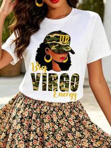Women's T-Shirt With Virgo Zodiac Print And Energy Camouflage, Short Sleeve T-Shirt For Spring, Summer And Autumn, Beautiful And Fashionable Style - 白色 - 查看 3
