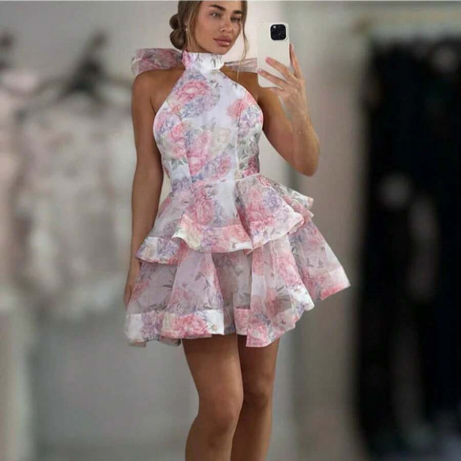Spring/Summer French Style Short Dress, High Neck With Floral Print, Fitted Waist And Halter Design - Pink - View 1