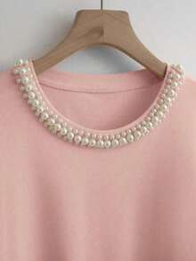 Desde la primavera hasta el verano, nuevas llegadas en la parte superior de verano: Día de San Valentín, elegante parte superior de mujer, parte superior de color albaricoque, camiseta, cuello redondo, adornos con cuentas, mangas cortas, estiliza - Rosa Pálido - Ver 4