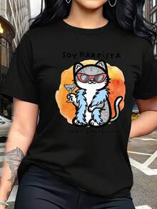 MYAZUL Women's Soft Cotton T-Shirt With Bartender Cat Print, Humorous "I'm A Bartender" Design, Perfect Gift For Cat Lovers And Birthdays,  Summer Outfit, Casual Wear, Funny Animal T-Shirts, Fashion For Pet Lovers, Ideal For Mother's Day And Easter, Fashionable Summer Dresses For Women, Perfect Casual Wear For All Seasons, Sizes S M L XL - 黑色 - 查看 1