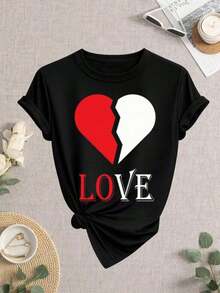 Women's Fashion T-Shirt Set. Single Garment, Not A 3-Piece Set. 1 Piece/Set Of Long-Sleeved T-Shirts Suitable For Streetwear. Oversized Round Neck Top For Daily Outings, Camping, Concerts, Hip-Hop, Rock, And Rap Events. Heart T-Shirt For Valentine's Day For Women. Black And White T-Shirt For Couples. High-Quality Fabric For Summer And Autumn. Casual Style T-Shirt, Everyday Comfort, Y2K Gift, Fashionable Printed Design. - 黑色 - 查看 2