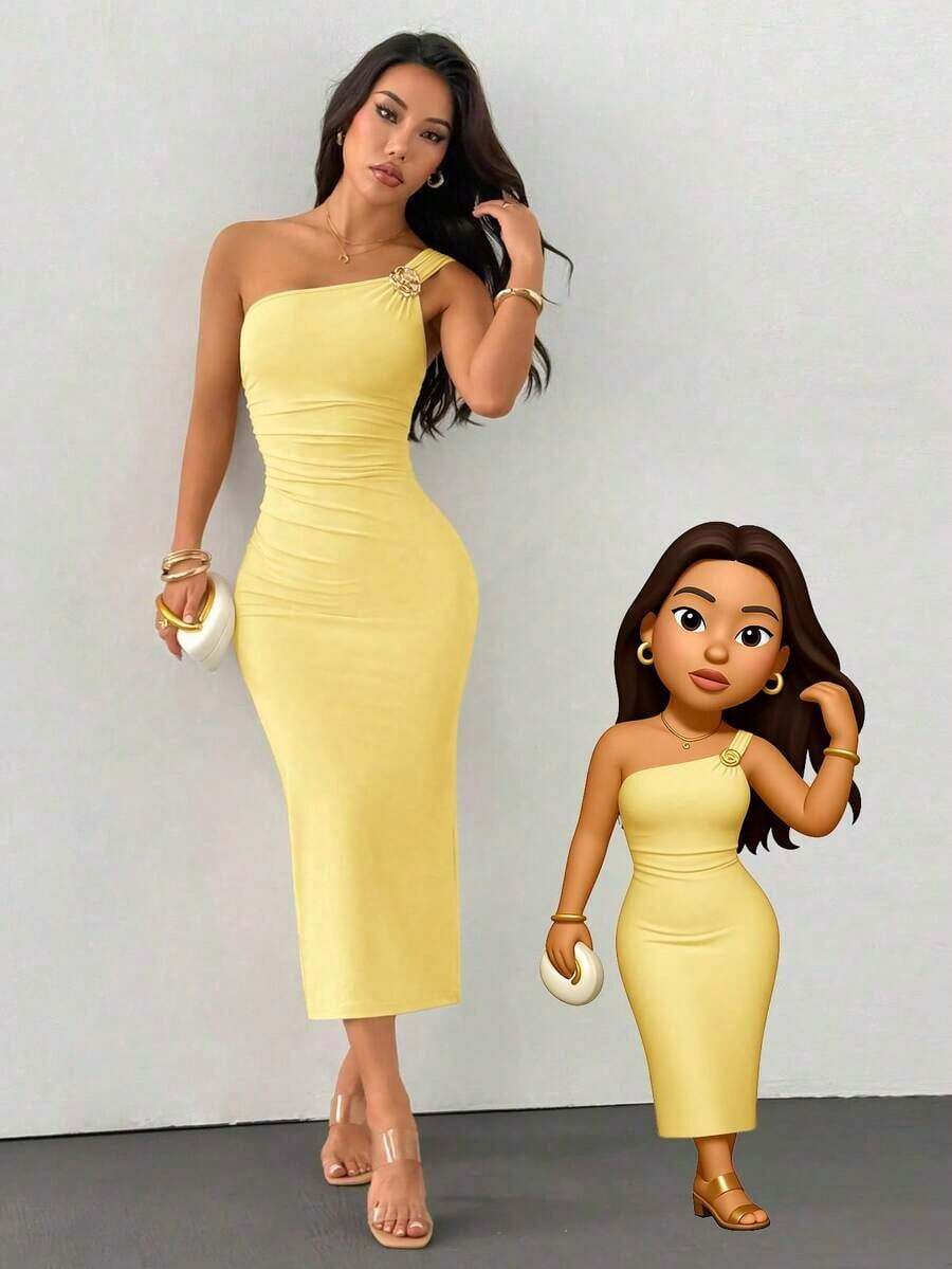 Falda de cola de pez con pliegues asimétricos y broche dorado como decoración - amarillo ganso - Ver 1