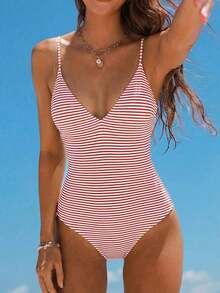 Swim Mod Traje de baño de una pieza con tirantes ajustables y reversible con base amarilla y lunares marrones + rayas marrones y amarillas, Primavera/Verano 2026 - Multicolor - Ver 7