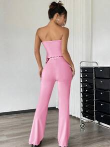 Conjunto de dos piezas con top asimétrico bandeau fruncido de unicolor y pantalones acampanados para mujer - Rosa - Ver 3