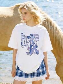 Women's Soft, Casual Summer Crew Neck Short-Sleeve T-Shirt With An Anime-Style Schoolboy Duo Graphic Print, Suitable For Everyday Casual Wear. White. - 白色 - 查看 5