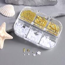 6格金色海洋主題美甲裝飾，含3D金色珠子、白色花朵珍珠、合金貝殼與海星混搭海洋主題美甲DIY配件美甲飾品 - 彩色 - 查看 2