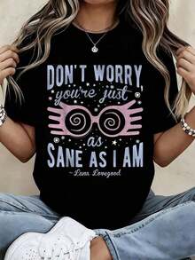 Women's Casual Graphic Tees - Inspired By Luna Lovegood's Quote: "Don't Worry, You're As Healthy As I Am." Women's Summer Outfits, Oversized Tee, Streetwear, Short-Sleeved Cotton Tee,  Women's Tops, Summer Tops, Loose-Fitting Tee, Everyday Wear. Suitable For Spring, Summer, And Fall. - 黑色 - 查看 7