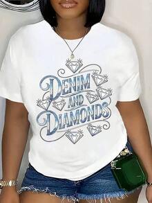 Women's Graphic Denim And Diamond T-Shirt, Fashion Shirt, Casual Garment, Summer Clothing Option, It's A Perfect Gift For Friends And Family On Any Holiday Or Special Occasion. - 白色 - 查看 6