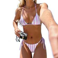 Nuevo bikini de  con estampado de rayas, cuello de lazo, espalda descubierta y diseño de dos piezas. - rayas moradas - Ver 6