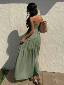 Vestido con escote de tubo plisado de tela texturizada color melocotón claro, con tirantes finos, cintura suelta, estilo relajado para vacaciones - Verde Oliva - Ver 2