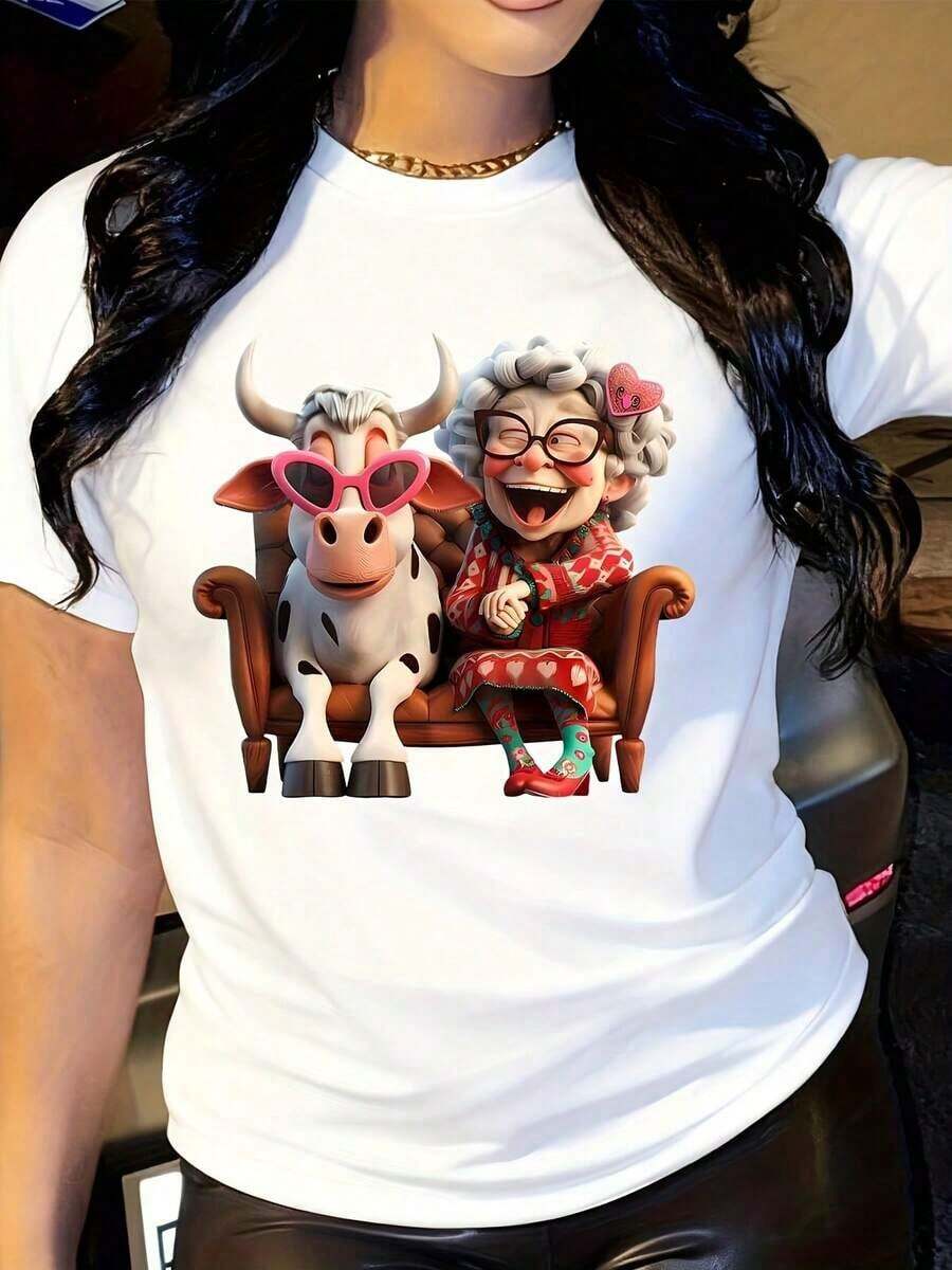 Women's Casual T-Shirt - Granny And Cow Print Design, 100% Breathable, Machine Washable, All-Season Comfort, Perfect Gift For Women, Comfortable T-Shirt, Fun Print T-Shirt, 100% Cotton Material, Durable - 白色 - 查看 1