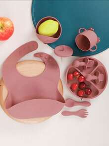 8pcs Silicone Baby Feeding Set, Including Suction Bowl, Fork, Spoon, Bib And Cup, Cultivate Self-Feeding Skills, Dishwasher , Suitable For 0+ Months - Cutlery Set - View 2