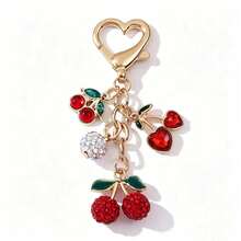 1pc Vintage Cherry Pendant With Pearl & Rhinestone, Gold Clasp Ring Bag Accessory, Perfect Birthday Or Graduation Gift - Multicolor - View 7