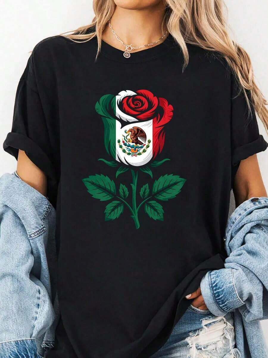 Camia holgada informal con estampado de bandera mexicana y rosas para mujer, estilo urbano, para uso diario, 220 g Ideal para regalar. Camiseta de mujer. Elegante. Estilo bohemio. Prenda suave, transpirable y cómoda, perfecta para primavera, verano y otoño; ideal para vacaciones, viajes y uso diario. Perfecta para ver un partido. - Negro - Ver 1