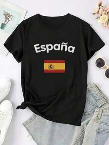 Women's Spanish Flag And Spain Print Camisole - Short-Sleeved Spanish National Pride Camisole With Spanish Text, Casual And Semi-Formal Wear, Machine-Washable Crew Neck Top For Spanish Cultural Events, Suitable For Year-Round Wear. Ideal As A Gift. Women's T-Shirt. Elegant. Bohemian Style. Soft, Breathable, And Comfortable Garment, Perfect For Spring, Summer, And Autumn; Ideal For Vacations, Travel, And Everyday Wear. Perfect For Watching A Game. - 黑色 - 查看 2