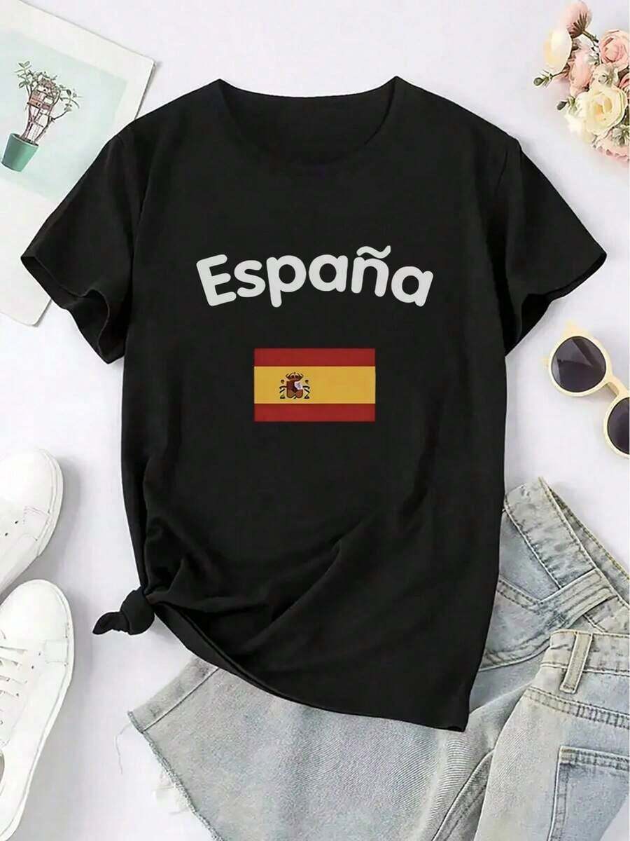 Women's Spanish Flag And Spain Print Camisole - Short-Sleeved Spanish National Pride Camisole With Spanish Text, Casual And Semi-Formal Wear, Machine-Washable Crew Neck Top For Spanish Cultural Events, Suitable For Year-Round Wear. Ideal As A Gift. Women's T-Shirt. Elegant. Bohemian Style. Soft, Breathable, And Comfortable Garment, Perfect For Spring, Summer, And Autumn; Ideal For Vacations, Travel, And Everyday Wear. Perfect For Watching A Game. - 黑色 - 查看 1
