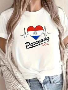 Paraguay National Pride T-Shirt - Flag, Heart, And Emblem Print, Comfortable Casual T-Shirt Suitable For Spring, Summer, And Fall. Short-Sleeved, Crew-Neck, Washable T-Shirt With Paraguay Design. Comfortable T-Shirt. Ideal For Gifting. Women's T-Shirt. Elegant. Bohemian Style. Soft, Breathable, And Comfortable Garment, Perfect For Spring, Summer, And Fall; Ideal For Vacations, Travel, And Everyday Wear. Perfect For Watching A Game. - 白色的 - 查看 7