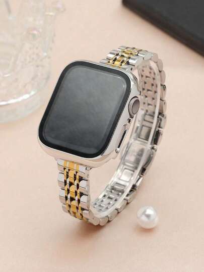 For I Watch Band 14mm Slim Silver And Gold Metal 7-Bead Adjustable Strap For Men And Women I Watch Ultra 3/2/1 SE S11/S10/S9/S8/S7/S6/S5/S4/S3/S2/S1 Series And I Watch Screen Protector Hard Silver Anti-Collision Anti-Dust Anti-Scratch Protective I Watch Case Cover 38mm/40mm/41mm 42/44/45/46/49mm, Gift For Boyfriend/Girlfriend Daily Wear Jewelry Matching Apple Smartwatch Accessories I Watch Band And I Watch Protective Case