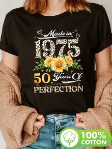 Camiseta de estampado floral de cumpleaños 50, manga corta con cuello de tripulación, top casual para verano y primavera, ropa de mujer - Negro - Ver 1