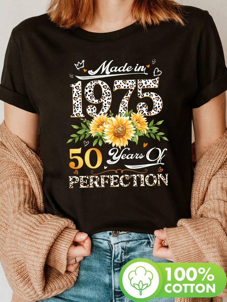 Camiseta de estampado floral de cumpleaños 50, manga corta con cuello de tripulación, top casual para verano y primavera, ropa de mujer - Negro - Ver 1