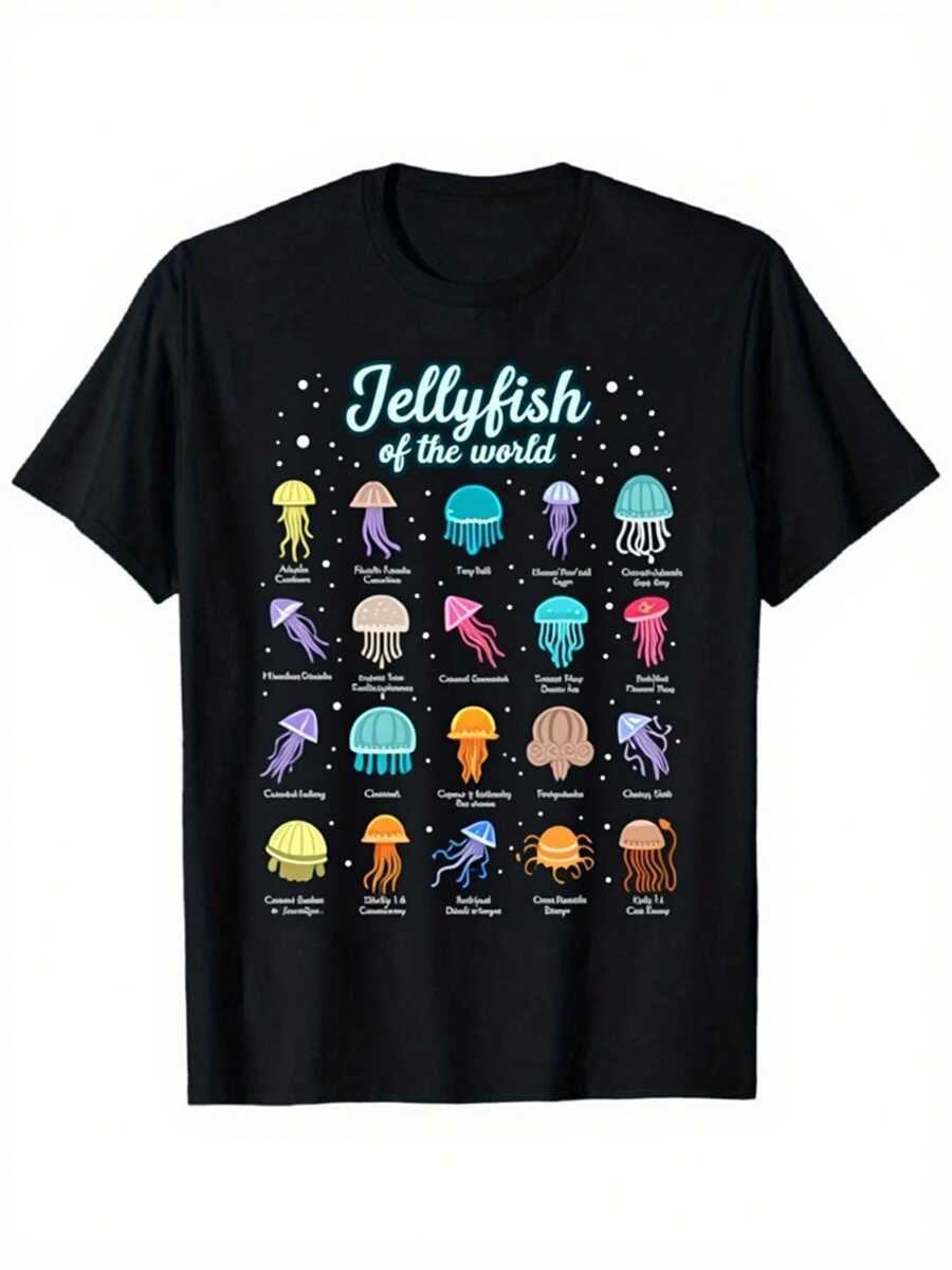 WoJellyfish Of The World T-Shirt - Marine Biology Design With Moon, Box And Jellyfish, Unisex Short Sleeve Muscle Fit For Sports, Cycling And Casual Wear, Suitable For All Seasons () | Global Jellyfish Species Design - 白色的 - 查看 1