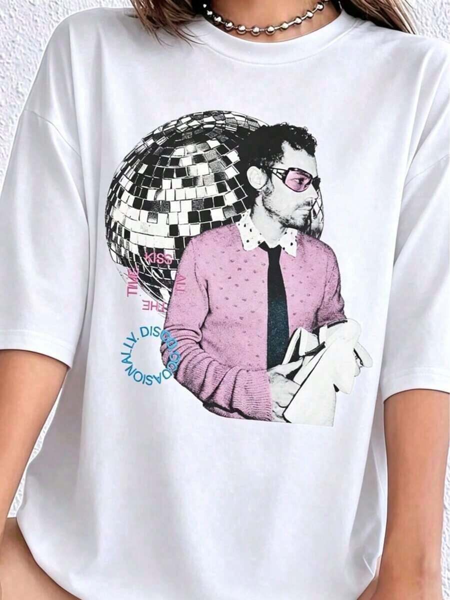 Kiss All The Time Shirt, HS4 New Album Graphic Tee, Harry Fan Tour Style T-Shirt. Women's Fashionable Casual T-Shirt With Creative Print, Short Sleeve, Round Neck, For Spring And Summer - Festive Celebration Shirt, Party Wear Top - 白色 1 - 查看 1