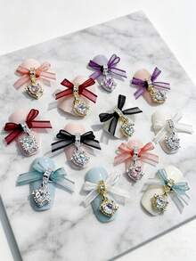 10PCS Gothic Cute Dual-Style Nail Charms, Black Red Purple Bow Heart Rhinestone Nail Pendants For Manicure - 彩色 - 查看 2