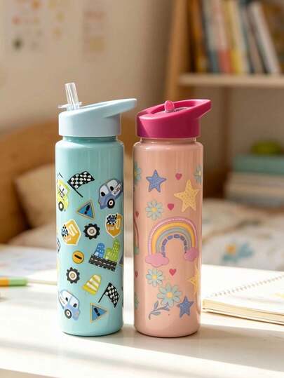 1pc 750ml Cartoon Pattern Printed Water Bottle With Straw, Suitable For Sports, Outdoor, Home, Office, School, Portable And Suitable As A Gift