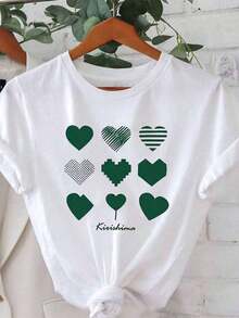 1 Piece - Women's T-Shirt With Creative Printed Heart Design, Cool Style For Valentine's Day, Round Neck, Casual And Fashionable, For Spring And Summer, 180g, 100% Cotton. - 白色 - 查看 6