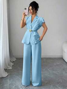 Elenzya Traje formal elegante de mujer color albaricoque, conjunto de blazer con cuello de volantes de organza con lentejuelas y cintura con lazo, que incluye chaqueta sin mangas y pantalones rectos, color burdeos, adecuado para Halloween, Navidad, Año Nuevo, ceremonia de graduación, boda y otras ocasiones. - Celeste - Ver 4