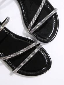 French Square Toe Rhinestone Embellished Flat Sandals, Vacations, Elegant Lady Style Suitable For Dates, Shopping, Commuting, Business, Parties - Black Glossy Finish - View 7