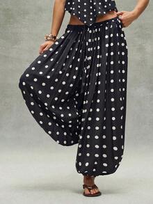 Pantalones sueltos de mujer con cordón y estampado de lunares tejido informal - Blanco y Negro - Ver 1