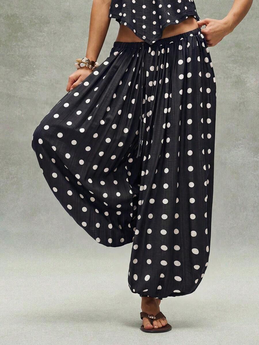 Pantalones sueltos de mujer con cordón y estampado de lunares tejido informal - Blanco y Negro - Ver 1