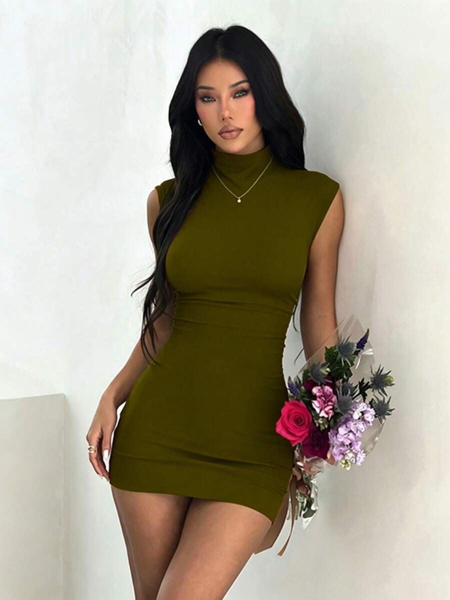 1 chiếc đầm hè xếp ly màu trơn, cổ cao, co giãn, thích hợp cho ngày Valentine, các bữa tiệc sang trọng, kỳ nghỉ biển, dự đám cưới, lễ tốt nghiệp, tiệc sinh nhật và các dịp khác, đầm ngắn thanh lịch, trang phục thường ngày, váy ngắn nữ, đầm nữ dễ thương