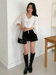 Blusa rosa ajustada con cuello en V y volantes - Blanco - Ver 5