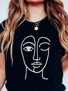 Camiseta unisex de manga corta, camiseta con diseño minimalista de rostro, camiseta con arte abstracto de rostro, camiseta con patrón estético moderno, regalo para entusiastas del arte, camiseta unisex de diseño minimalista, Spiderman, ,  Mujer, Romwe Men, boho chic, regalos para maestros, camiseta para mujer, ropa curvy para mujer, y2k. - Negro - Ver 6