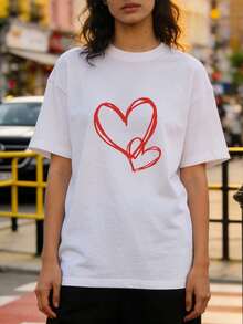 Ropa de Verano para Mujer, Camiseta Casual de Algodón Suave con Cuello Redondo, Estampado de Corazones Superpuestos. Color negro. - Blanco - Ver 2