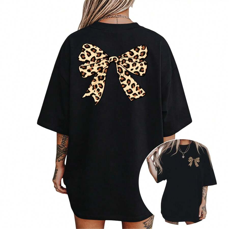 Camiseta con Estampado de Leopardo y Lazo para Mujer – Camiseta de Manga Corta a la Moda - Negro - Ver 1