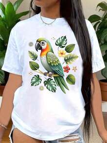 Women's Clothing Short Sleeve T-Shirt For Women With White Parrot And Tropical Leaf Print, Casual Summer Wear, Outdoor Activities And Everyday Wear Women's Shirts - 白色 - 查看 6